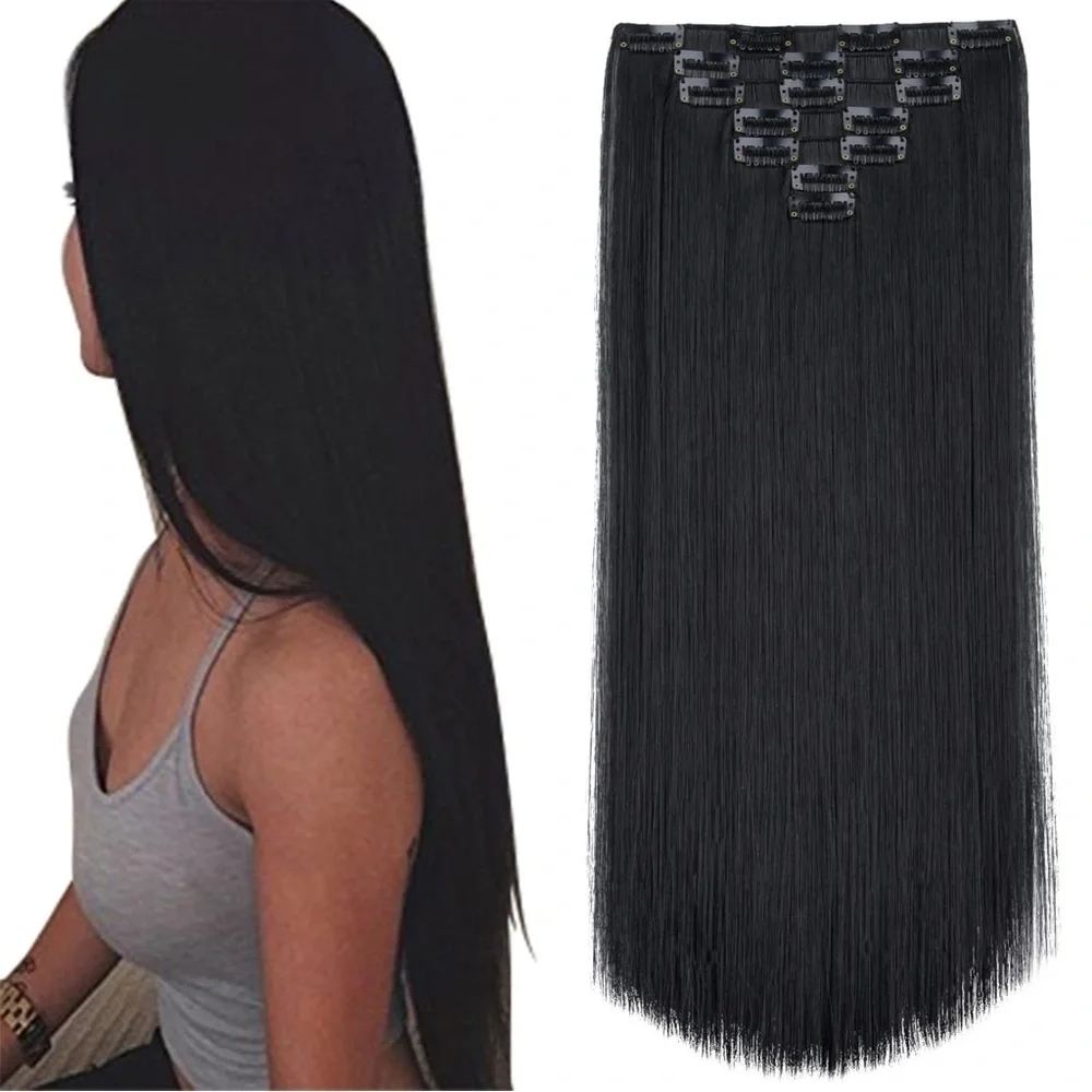 HUMAN HAIR BLEND22 Inch Clip in Black straight Hair Extensions